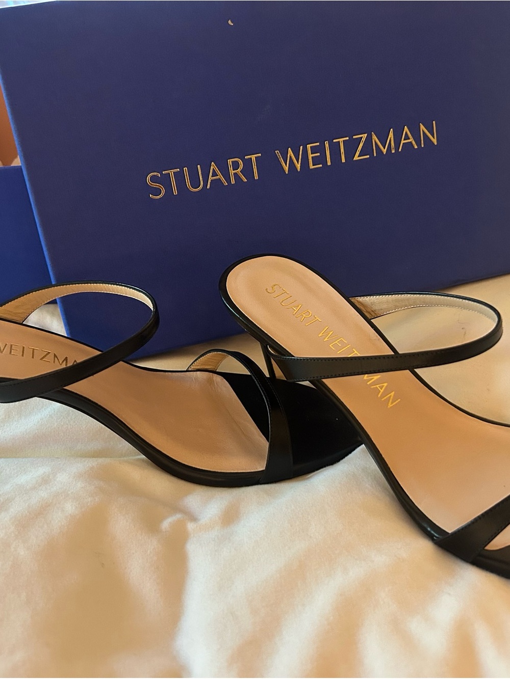 Stuart Weitzman Black Leather Cross-Strap Stiletto Sandals - Picture 2 of 5